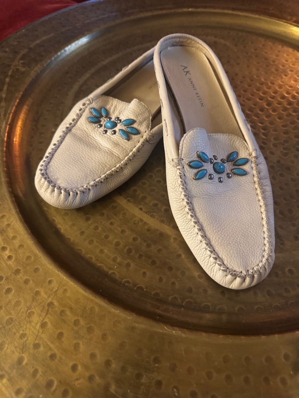 Anne Klein White Leather Moccasins with Turquoise Stone Accents